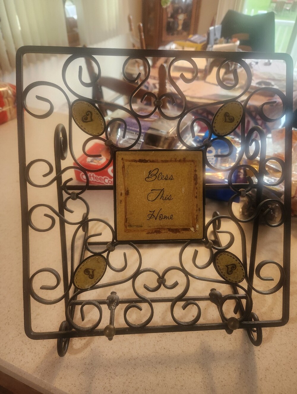 Decorative Black Plaque Wrot Iron With  Stand with 'Bless This Home' Plaque